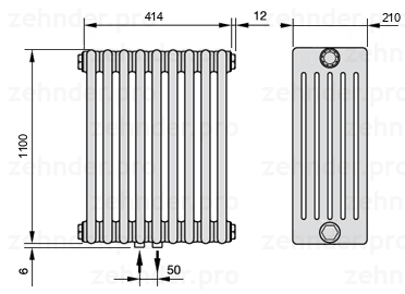 Схема (чертеж) Радиатор Zehnder Charleston 6110/9 №3470 Белый глянцевый RAL 9016